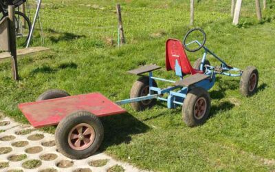 Un go-kart bleu avec remorque rouge sur gazon à côté d'un trottoir